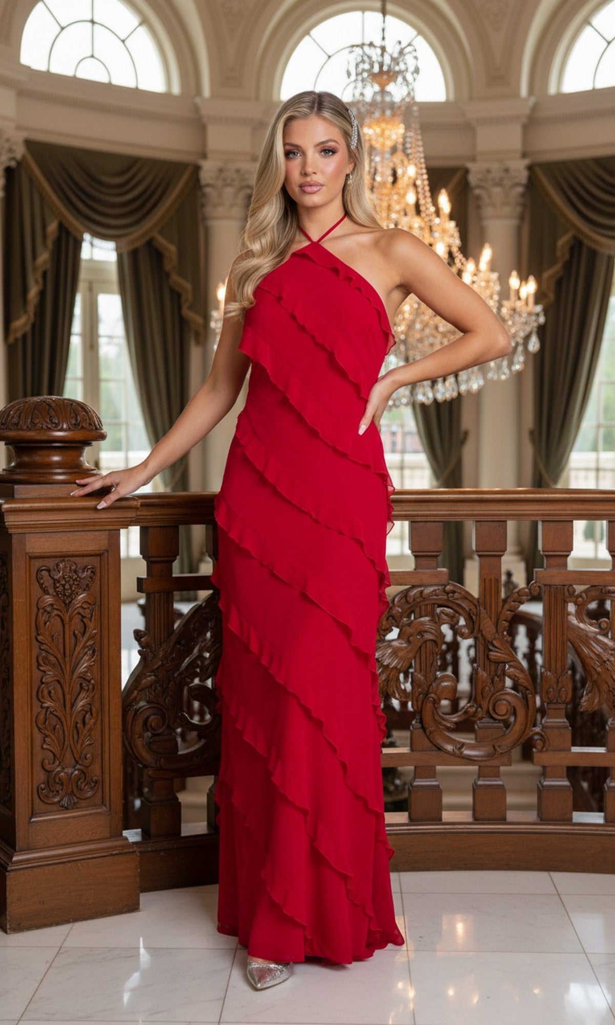 A woman in the Morgan 10228 long red prom dress stands by an ornate wooden railing in a grand hall with chandeliers and large windows.